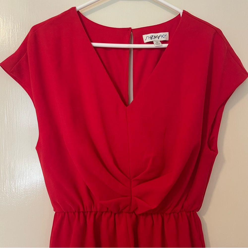Red Ruched Romper w Open Back - Picture 2 of 4